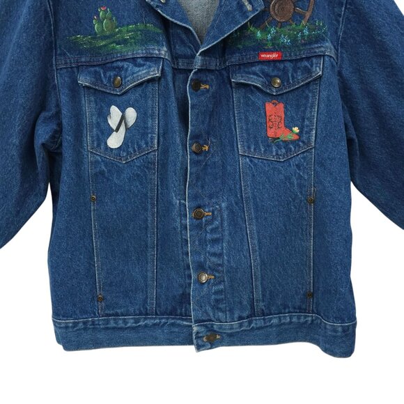 Wrangler Western Denim Jacket Womens Size L DIY Hand Painted Texas Cactus Boot - Picture 14 of 16